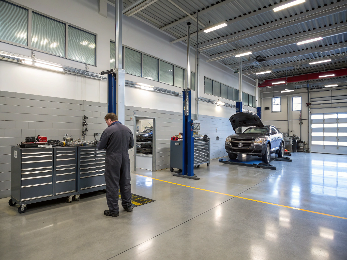 Professional mechanic inspecting suspension components in an automotive service bay
